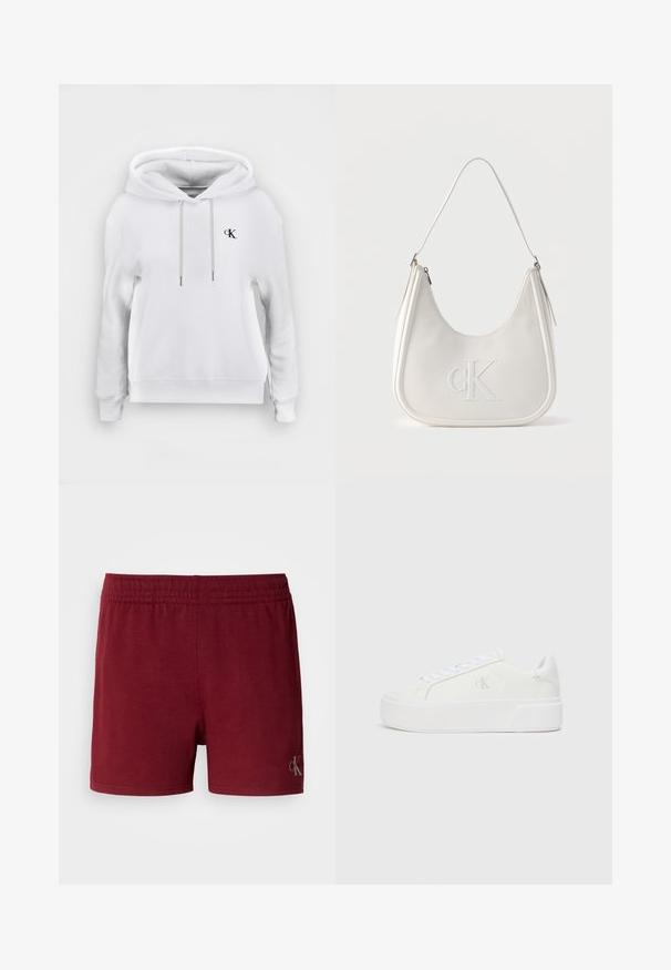 Weißes Kapuzen-Sweatshirt mit vorderen Kordeln und kleinem schwarzem "cK"-Logo auf der linken Brust, gerippte Bündchen und Saum.; Burgunderfarbene Sportshorts aus einem weichen Baumwollgemisch, mit elastischem Bund und einem kleinen Logo-Detail am unteren Saum.; Weiße Plattform-Sneaker mit einem glatten Leder-Obermaterial, abgerundetem Zehenbereich, weißen Schnürsenkeln und dezentem Logo-Detail an der Seite. Flache Gummisohle.; Weiße Leder-Umhängetasche mit Reißverschluss, geschwungener Form und erhabenem, auf der Vorderseite geprägtem CK-Logo.