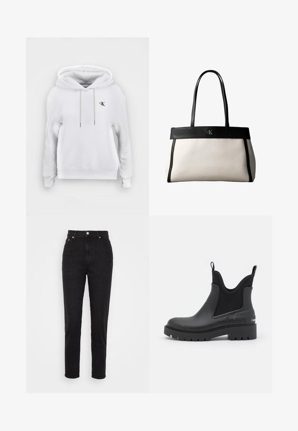 Weißes Kapuzen-Sweatshirt mit vorderen Kordeln und kleinem schwarzem "cK"-Logo auf der linken Brust, gerippte Bündchen und Saum.; Schwarze hoch geschnittene Slim-Fit-Jeans mit Frontknopf, Gürtelschlaufen und Fünf-Taschen-Design auf weißem Hintergrund.; Schwarze Gummistiefelette mit matter Oberfläche, elastischen Seiteneinsätzen, Zuglasche und einer derben, profilierten Sohle. Verfügt über ein Logo an der Ferse.; Weiße und schwarze Calvin Klein Tragetasche mit langen schwarzen Griffen und CK-Logo auf schwarzem Besatz nahe der Oberseite.