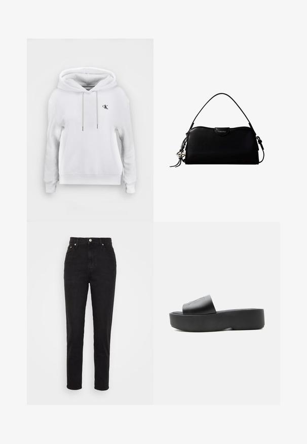 Weißes Kapuzen-Sweatshirt mit vorderen Kordeln und kleinem schwarzem "cK"-Logo auf der linken Brust, gerippte Bündchen und Saum.; Schwarze hoch geschnittene Slim-Fit-Jeans mit Frontknopf, Gürtelschlaufen und Fünf-Taschen-Design auf weißem Hintergrund.; Schwarze Plateau-Slidesandale mit dicker Sohle und breitem Riemen aus glattem Material, von der Seite auf weißem Hintergrund gezeigt.; Schwarze, rechteckige Calvin Klein Handtasche mit einem einzelnen Tragegriff oben, silbernem Logo-Anhänger und kleinem Klappverschluss auf der Vorderseite.