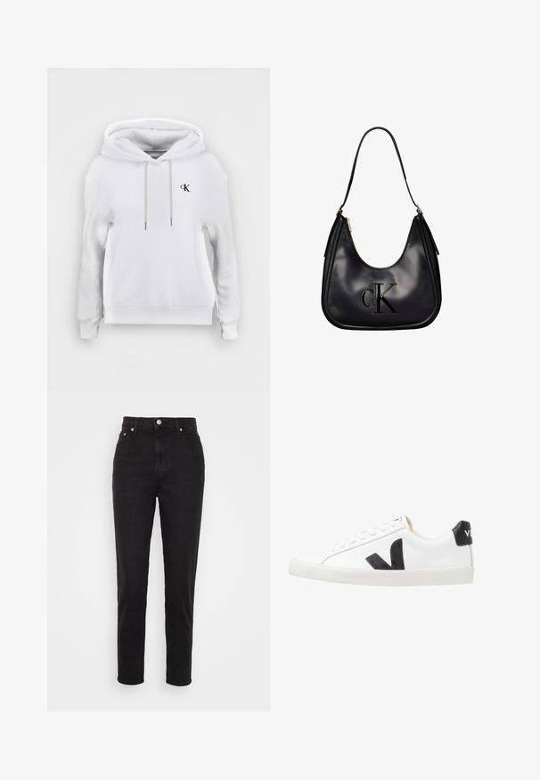 Weißes Kapuzen-Sweatshirt mit vorderen Kordeln und kleinem schwarzem "cK"-Logo auf der linken Brust, gerippte Bündchen und Saum.; Schwarze hoch geschnittene Slim-Fit-Jeans mit Frontknopf, Gürtelschlaufen und Fünf-Taschen-Design auf weißem Hintergrund.; Weißer Sneaker mit einem schwarzen V-Logo, ausgestattet mit einem glatten Lederoberteil, runder Zehenpartie, Schnürverschluss und kontrastierendem schwarzen Fersenbereich.; Schwarze Lederschultertasche mit goldenem Reißverschluss, ausgestattet mit erhabenem "cK"-Logo auf der Vorderseite und einem einzelnen Trageriemen.