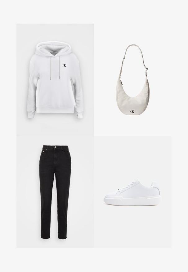Hvid hættetrøje med snore foran og lille sort "cK" logo på venstre bryst, ribstrikkede manchetter og kant.; Sorte højtaljede slim-fit jeans med frontknap, bæltesløjfer og fem-lomme design på hvid baggrund.; Hvid lavtop-sneaker med snørelukning, tyk sål og glat overdel, vist fra ydersiden mod en ensartet lys baggrund.; Hvid skuldertaske i læder formet som en halvmåne med justerbar rem, lynlåslukning og sort Calvin Klein-logo foran.
