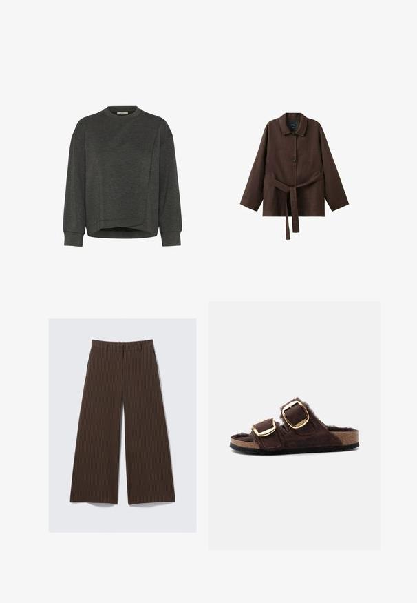 Mørkegrå sweatshirt med rund hals, lange ærmer, asymmetrisk design og blød tekstur. Har en afslappet pasform og minimale syninger.; Mørkebrun langærmet jakke med krave, to knapper og et matchende bælte i stof bundet om taljen.; Brune stribede vide ben bukser med bæltesløjfer, frontlynlås og sidelommer, lagt fladt på en lys baggrund.; Brun åben sandal med to justerbare guldbukler og en blød, pelslignende foring på en korksål.