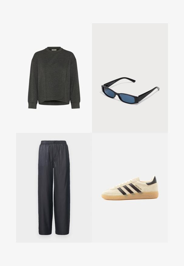 Sweatshirt gris foncé avec un col rond, des manches longues, un design asymétrique et une texture douce. Présente une coupe décontractée et des détails de couture minimalistes.; Pantalons larges noirs fabriqués à partir d'un tissu lisse et brillant. Équipés d'une taille élastique et sans poches visibles. Design simple, longueur complète.; Baskets en daim crème avec des rayures noires, semelle en gomme, languette noire au talon et texte doré "SPEZIAL" sur le côté.; Lunettes de soleil noires avec une monture rectangulaire élégante et des verres bleus. Présente une texture lisse et des branches robustes. Logo de la marque sur le côté.