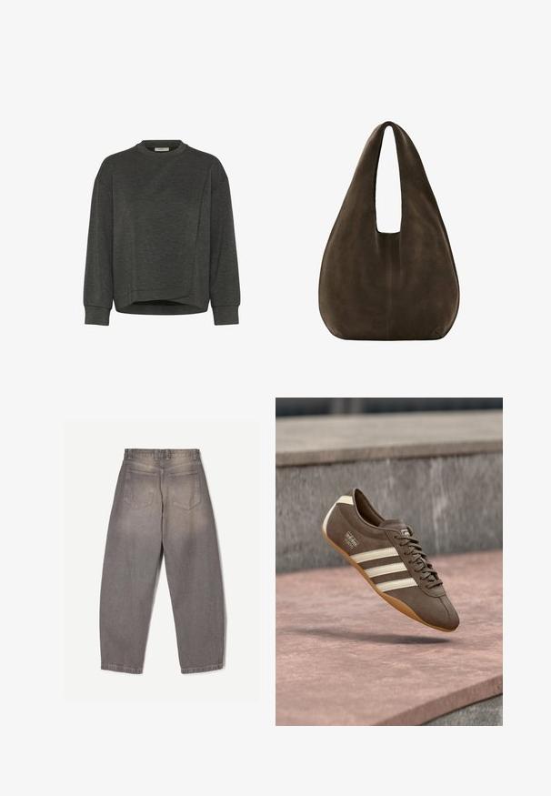 Mørkegrå sweatshirt med rund hals, lange ærmer, asymmetrisk design og blød tekstur. Har en afslappet pasform og minimale syninger.; Grå denim-jeans vist bagfra med to baglommer, bæltestropper og et let tilspidset ben-design.; Brun ruskindssneaker med hvide striber og branding, med rund tå og ydersål af gummibelagt gummi, hængende over en struktureret overflade.; Blød, mørkebrun ruskind hobo-taske med en bred enkelt strop og rundet bund på hvid baggrund.