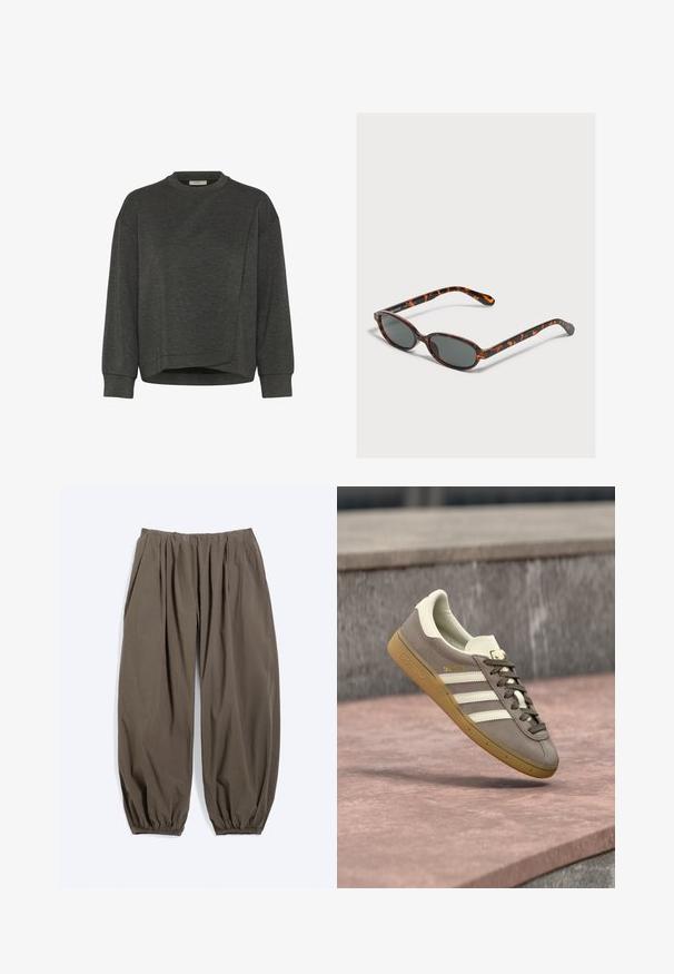 Donkergrijze sweatshirt met een ronde hals, lange mouwen, een asymmetrisch ontwerp en een zachte textuur. Heeft een ontspannen pasvorm en minimale stikdetails.; Loszittende donkerolijfgroene broek met elastische tailleband en geplooide elastische boorden, getoond tegen een lichte achtergrond.; Lichtbruine suède Adidas sneaker met witte strepen en een rubberen zool, hangend boven roze stenen traptreden buiten.; Kleine ovale schildpadrand zonnebril met donkere glazen die op een lichtgrijs oppervlak ligt.