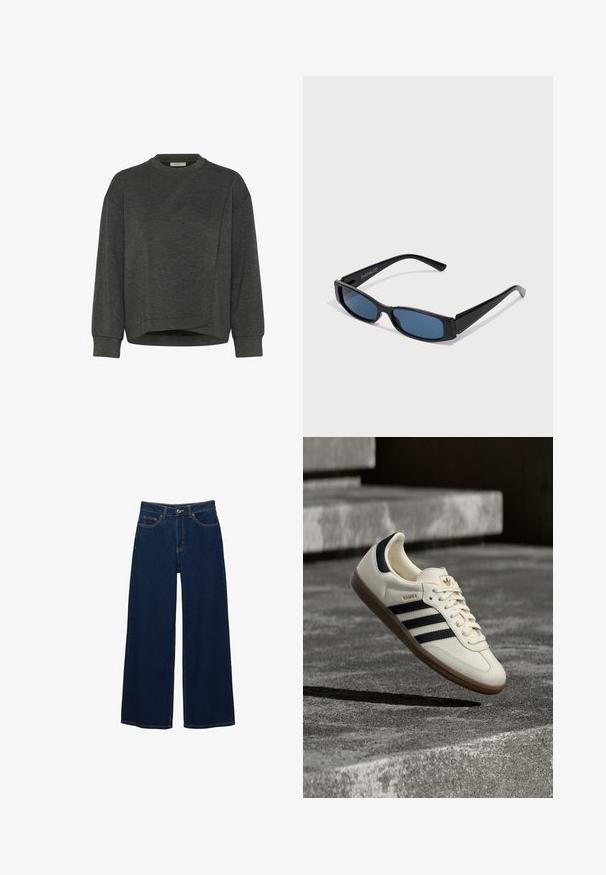 Mørkegrå sweatshirt med rund hals, lange ærmer, asymmetrisk design og blød tekstur. Har en afslappet pasform og minimale syninger.; Mørkeblå vidde jeans i denim; har forlommer og knaplukning; fremtrædende syninger langs sømmene; ingen mønstre eller udsmykninger.; Hvid Adidas Samba sneaker med sorte striber og gummsål, svævende over teksturerede grå betonstrin.; Sorte solbriller med en slank rektangulær ramme og blå linser. Har en glat overflade og robuste stænger. Mærkets logo på siden.