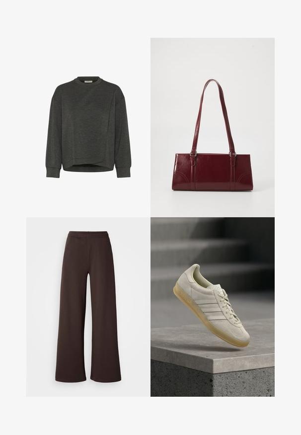 Mørkegrå sweatshirt med rund hals, lange ærmer, asymmetrisk design og blød tekstur. Har en afslappet pasform og minimale syninger.; Viddebukser i mørkebrun, lavet af blødt stof med elastisk talje og en ren kantfinish, ideelle til komfort og afslappet brug.; Beige ruskind Adidas sneaker med gummisål og tre stribedetaljer, placeret over en betonkant med slørede trapper i baggrunden.; Bordeaux håndtaske lavet af glansfuldt materiale, rektangulær form, med to skulderremme og subtile buede detaljer på forsiden.