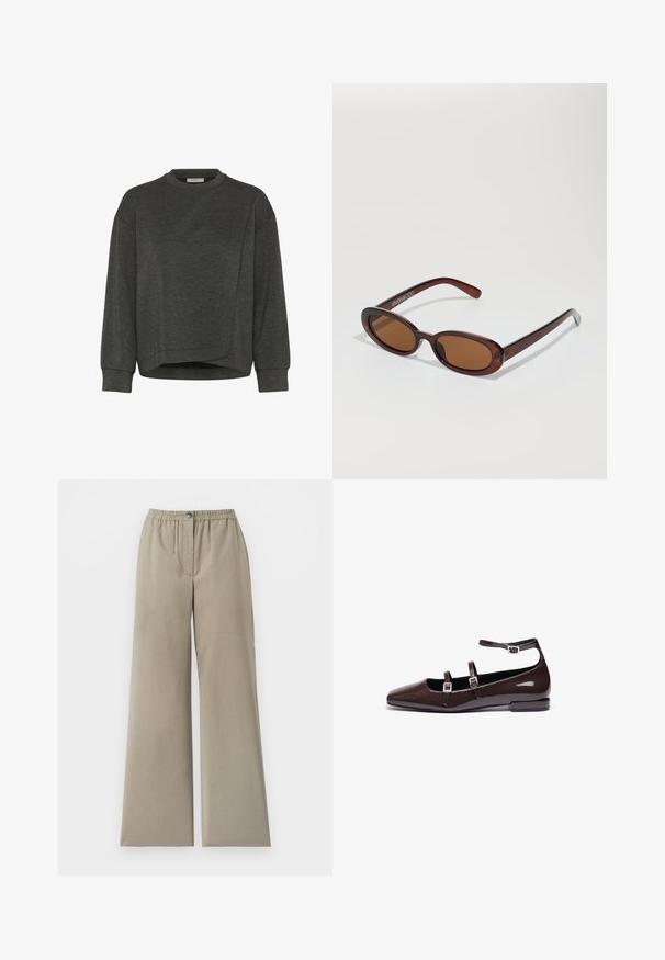 Donkergrijze sweatshirt met een ronde hals, lange mouwen, een asymmetrisch ontwerp en een zachte textuur. Heeft een ontspannen pasvorm en minimale stikdetails.; Beige broek met wijde pijpen, elastische tailleband en knoopsluiting, gladde stof, detail van een naad aan de voorkant, tegen een witte achtergrond.; Bruine gepatineerde leren ballerina's met een spitse neus, voorzien van twee verstelbare banden en zilveren gespen, en een lage, vierkante hak.; Ronde, bruin getinte zonnebril met een glanzend bordeauxrood frame. Slanke pootjes met subtiele merkdetails. Vlakke lensontwerp.