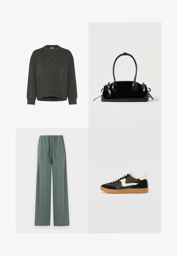 Sweatshirt gris foncé avec un col rond, des manches longues, un design asymétrique et une texture douce. Présente une coupe décontractée et des détails de couture minimalistes.; Pantalon de détente ample vert sauge avec taille élastique et cordon de serrage, coupe droite à jambes larges, présenté sur fond uni.; Baskets en daim et cuir noir avec un swoosh latéral crème et un talon crème clair. Dotées de lacets beige et d'une semelle en caoutchouc gomme.; Petit sac à main noir brillant avec deux longues anses et des détails à cordon sur les côtés sur un fond clair uni.