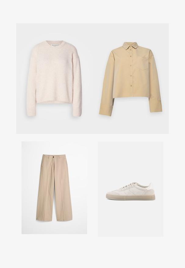 Lys pink, tekstureret striktrøje med rund hals og lange ærmer. Ribkantede manchetter og kant giver en afslappet pasform. Brandmærket er synligt ved halsudskæringen.; Afskåret beige skjorte lavet af bomuldsblanding, med spidse kraver, knaplukning og en lille brystlomme med logo-broderi.; Beige bukser med vide ben, forfløj, bæltestropper, knaplukning og en lille stofmærke på højre side af linningen.; Beige ruskindssneakers med lav profil, der har en struktureret overdel, tonale sømme og en lys gummisål. Snørebånd fuldender designet.