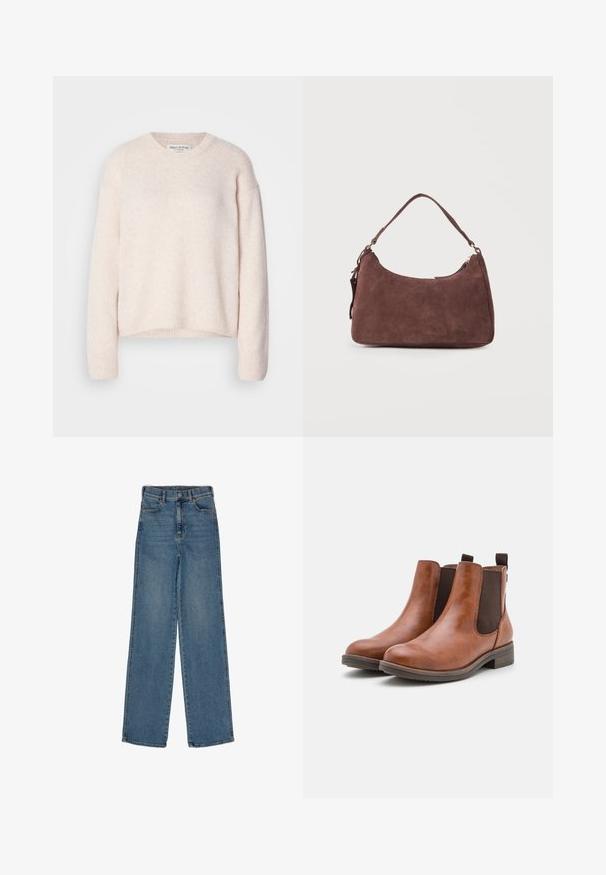 Suéter de punto texturizado en rosa claro, con cuello redondo y mangas largas. Los puños y el dobladillo acanalados ofrecen un ajuste casual. Etiqueta de la marca visible en el cuello.; Jeans de tiro alto y pierna recta hechos de denim azul. Presenta bolsillos frontales, cierre de un solo botón y un dobladillo limpio. Sin adornos visibles.; Botas de cuero marrón hasta el tobillo con paneles laterales elásticos, punta redondeada y un bajo tacón de madera. Presenta una pestaña en el bucle para facilidad al ponérselas.; Bolso de hombro de ante marrón con un solo asa y cierre de cremallera, mostrado contra un fondo claro y liso.
