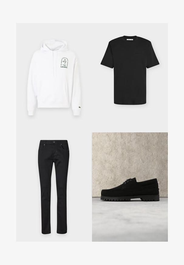 Haut à capuche blanc avec une poche kangourou, cordon de serrage à la capuche et logo Lacoste imprimé en vert. Poignets et ourlet côtelés. Texture de tissu douce.; T-shirt noir à manches courtes et col rond avec un logo texte discret sur la poitrine gauche et une étiquette de marque blanche à l’intérieur du col.; Jeans noirs slim avec cinq poches, fermeture à bouton et passants de ceinture, présentés sur un fond blanc uni.; Chaussure noire à lacets avec semelle épaisse à nervures flottant au-dessus d'un tapis beige, table ronde moderne marron en arrière-plan dans une pièce à éclairage doux.