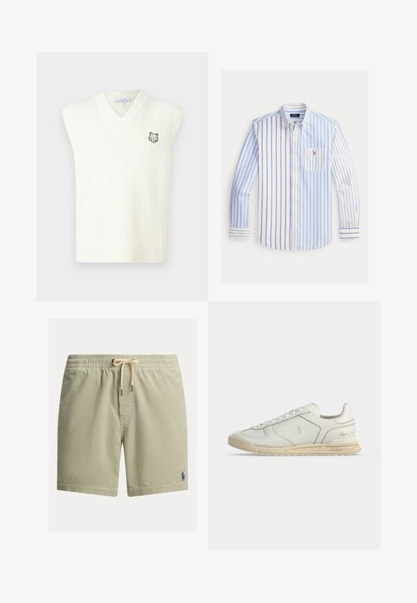 Gilet sans manches en tricot côtelé blanc en V avec une petite tête de loup brodée sur la poitrine gauche et une étiquette Maison Kitsuné à l'intérieur du col.; Chemise homme à manches longues boutonnée avec rayures verticales blanches, bleu clair et bleu marine, poche poitrine et logo Polo Ralph Lauren.; Short de bain rayé vert clair avec une ceinture élastique et un cordon de serrage. Présente un petit logo bleu sur le côté gauche en bas.; Basket basse en cuir blanc avec semelle beige, fermeture à lacets à l'avant et logos Polo Ralph Lauren embossés sur le côté et le talon.