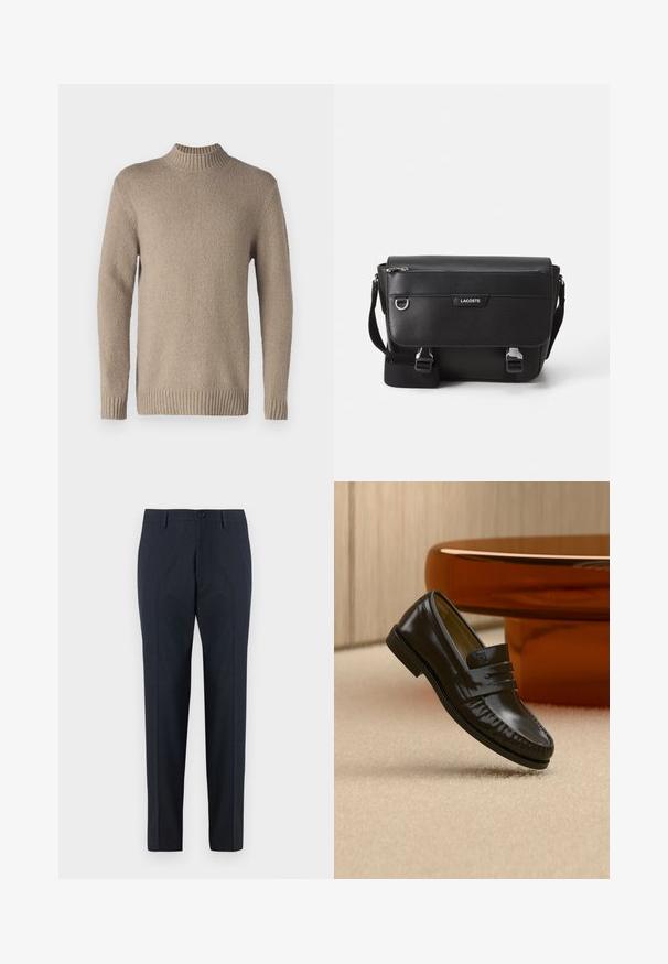 Beige gebreide trui met een textuur op het oppervlak, geribbelde kraag en manchetten. Heeft lange mouwen en een rechte zoom voor een klassiek ontwerp.; DRYKORN AJEND - Chino - blue; Glanzende zwarte leren loafer met een banddetail, geplaatst op een beige tapijt naast een ronde bruine salontafel in een zacht verlichte kamer.; Zwarte textuur Lacoste schoudertas met verstelbare strap, voormep flap, ritszak en metalen gesp-sluiting.