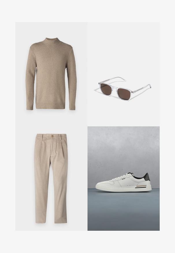 Beige striktrøje med en struktureret overflade, ribbenkrave og manchetter. Har lange ærmer og en lige kant for et klassisk design.; Beige kordfløjspants med elastisk talje, knaplukning og plisseelementer, har et lige ben-design og struktureret stof.; Hvide lavtoppede sneakers med sort hæl, snørebånds lukning, subtile perforeringer og "BOSS" logo på siden, vist fra ydersiden i profil.; Klare plastik solbriller med rektangulære brune linser, med tynde, transparente stænger og metal accenter på templerne.