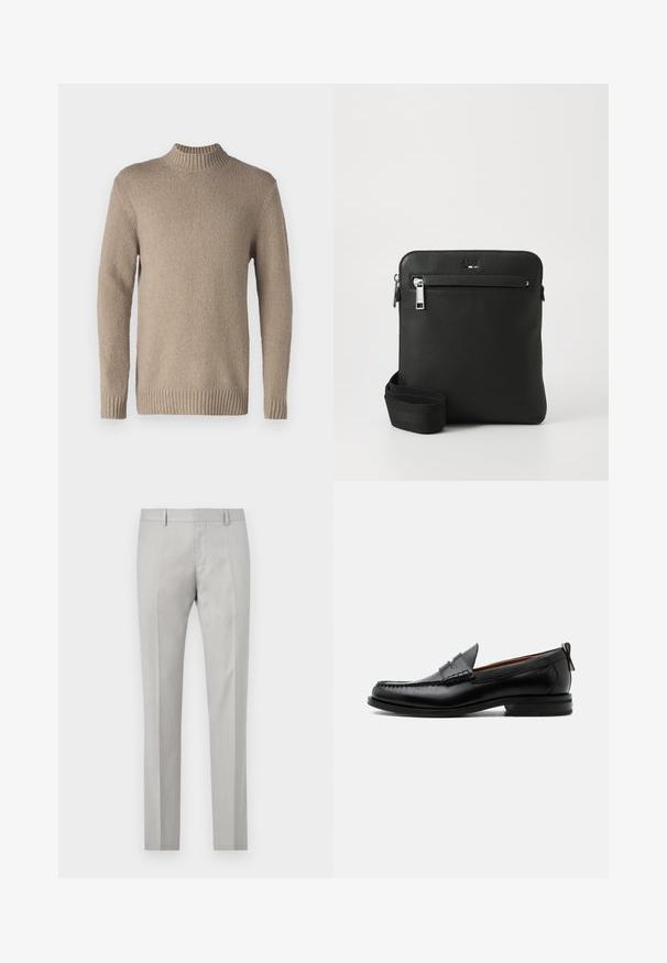 Beige striktrøje med en struktureret overflade, ribbenkrave og manchetter. Har lange ærmer og en lige kant for et klassisk design.; Lys grå skræddersyede bukser med en glat tekstur, flad front og to sidelommer. Har lige ben og subtile plissé-detaljer.; Sort læder herre loafer med moc-tå syning, penny strop, struktureret krave og lav stablet hæl på hvid baggrund.; Sort læder crossover-taske med fladt design, tekstureret overflade, lynlås, forlomme og justerbar stofrem.