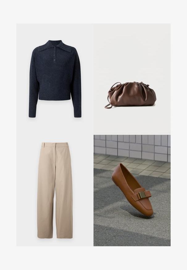 Suéter azul marino corto con cuello acanalado, mangas largas y tapeta de cinco botones. Tejido de textura suave con un sutil patrón jaspeado.; Pantalones anchos beige de algodón. Presentan un frente plano, dos bolsillos laterales y una textura suave. Diseño simple y funcional.; Zapato plano de cuero marrón con detalle de hebilla dorada, mostrado flotando sobre un pavimento gris texturizado cerca de una pared con azulejos.; Bolso tipo bolsa de cuero marrón suave con parte superior fruncida y asa delgada, apoyado sobre un fondo blanco.