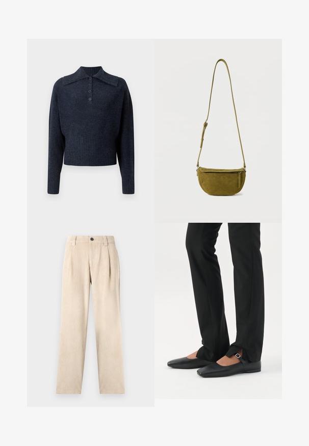 Suéter azul marino corto con cuello acanalado, mangas largas y tapeta de cinco botones. Tejido de textura suave con un sutil patrón jaspeado.; Pantalones de pana beiges de pierna recta con pasadores para cinturón, pliegues frontales, bolsillos y un cierre de botón negro en la cintura.; Piernas con pantalones ajustados negros con aberturas frontales en el dobladillo, combinados con zapatos planos Mary Jane negros con una pequeña correa con hebilla.; Bolso bandolera de ante verde oliva con correa ajustable y bolsillo frontal con cremallera sobre fondo blanco liso.