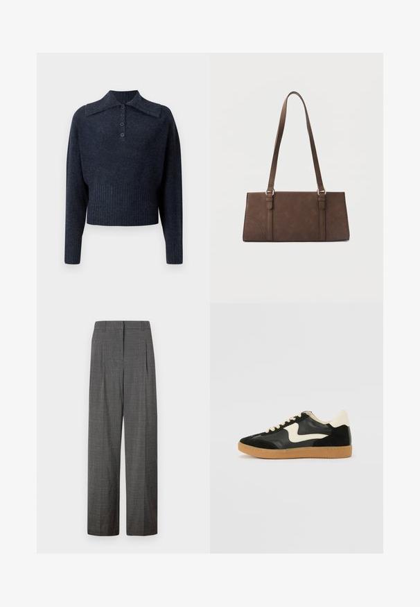 Pull en maille bleu marine cropped avec col côtelé, manches longues et patte de boutonnage à cinq boutons. Tissu à texture douce avec un léger motif chiné.; Vero Moda VMSIKITA WIDE DAD PANT - Pantalon classique - medium grey/black; Baskets en daim et cuir noir avec un swoosh latéral crème et un talon crème clair. Dotées de lacets beige et d'une semelle en caoutchouc gomme.; Sac à bandoulière rectangulaire marron avec longues sangles et détails de couture minimalistes sur un fond uni.