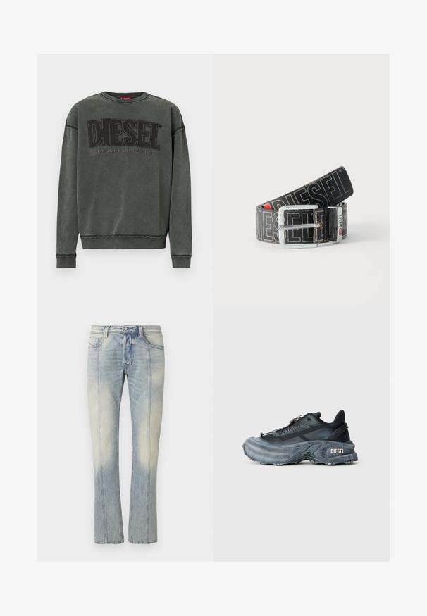 Sweat-shirt à manches longues gris charbon avec des poignets et un ourlet côtelés, affichant un grand texte noir "DIESEL" et "Pour une Vie Réussie" en plus petit en dessous.; Jean en denim bleu clair avec une coupe droite, couture double, poches avant et finition délavée. Aucun logo visible.; Baskets Diesel noires et grises avec semelle épaisse, système de laçage à bascule et design texturé sur fond gris clair uni.; Ceinture noire Diesel avec grand texte logo blanc, boucle rectangulaire en argent, et détail de boucle métallique brandée, enroulée sur un fond clair.