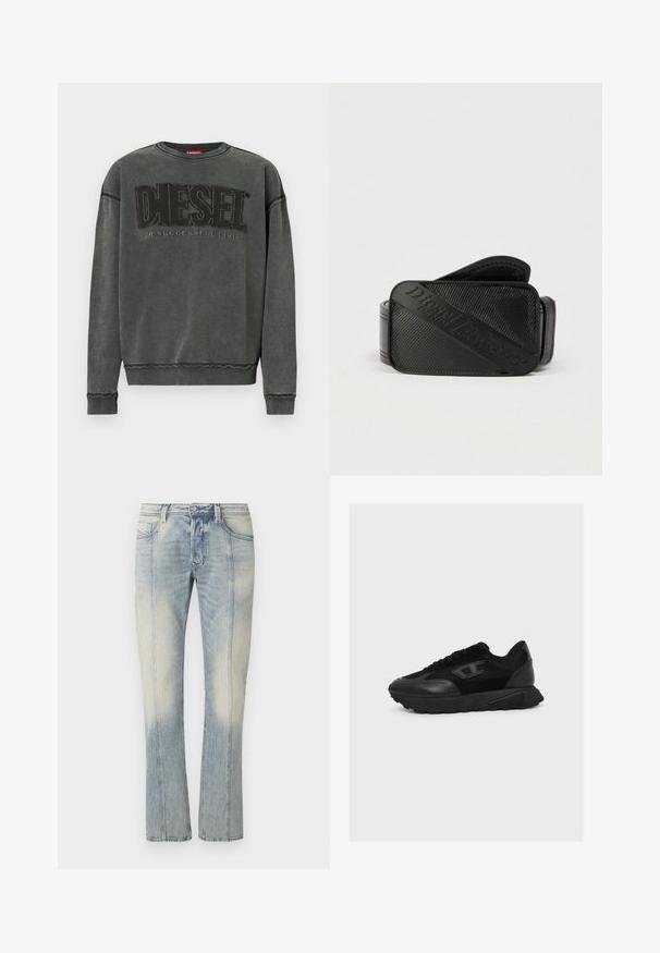 Sweat-shirt à manches longues gris charbon avec des poignets et un ourlet côtelés, affichant un grand texte noir "DIESEL" et "Pour une Vie Réussie" en plus petit en dessous.; Jean en denim bleu clair avec une coupe droite, couture double, poches avant et finition délavée. Aucun logo visible.; Baskets basses noires avec tige en mesh et cuir mélangés, fermeture à lacets et semelle texturée, présentées en profil droit sur fond blanc.; Ceinture noire présentant un design texturé avec un logo en relief bien visible. Le matériau semble lisse avec une finition en cuir.