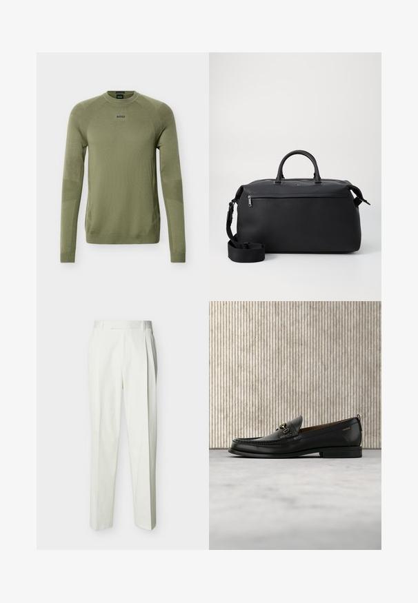 Pull en maille vert olive à manches longues avec col rond, poignets et ourlet côtelés, et logo "BOSS" sur la poitrine.; Pantalon blanc ajusté taille haute avec passants de ceinture et plis sur le devant, présenté sur un fond uni.; Mocassin en cuir noir avec mors en métal doré et logo "HUGO", présenté sur un tapis beige et un meuble translucide marron.; Sac de voyage en cuir noir avec deux poignées supérieures, une bandoulière amovible et une poche avant zippée pour un espace de rangement supplémentaire.