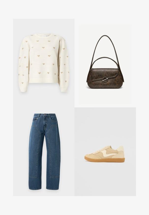 Pull en maille crème avec manches longues bouffantes et petits motifs de cœurs dorés uniformément répartis sur le tissu.; Jean en denim bleu à jambes larges, avec de grandes poches avant à rabat, fermeture à bouton et passants de ceinture.; Sneaker beige avec des matériaux en daim et en maille, forme arrondie, col rembourré proéminent et semelle en caoutchouc gomme. Présente un accent de design en forme de vague.; Sac à main en cuir brun foncé texturé avec deux anses, forme rectangulaire arrondie, et fermeture à bouton circulaire argenté sur le rabat avant.