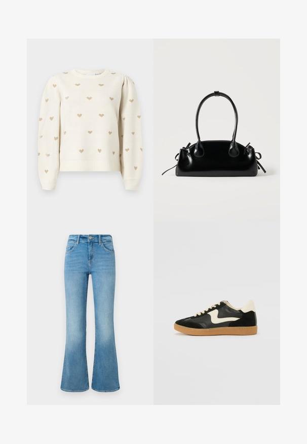 Pull en maille crème avec manches longues bouffantes et petits motifs de cœurs dorés uniformément répartis sur le tissu.; Jean flare en denim bleu clair avec poches avant, passants de ceinture et fermeture à bouton sur un fond blanc.; Baskets en daim et cuir noir avec un swoosh latéral crème et un talon crème clair. Dotées de lacets beige et d'une semelle en caoutchouc gomme.; Petit sac à main noir brillant avec deux longues anses et des détails à cordon sur les côtés sur un fond clair uni.