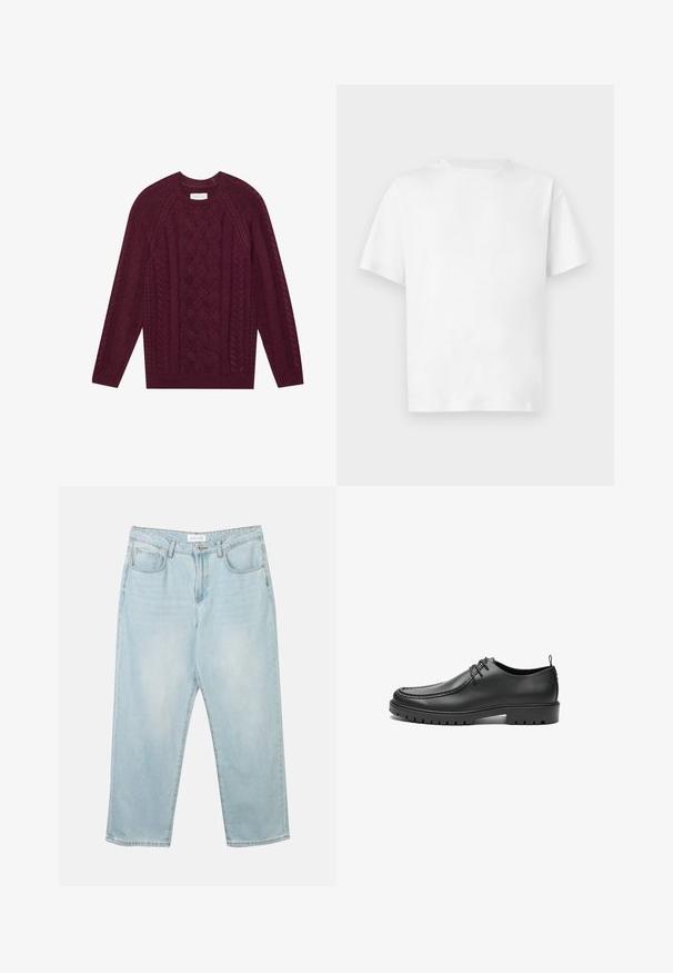 Pull en maille bordeaux avec un design de câbles texturés, col rond côtelé et manches longues, fait en fil doux et épais.; T-shirt blanc uni à manches courtes en coton avec col rond, présenté à plat sur un fond neutre.; Jean en denim bleu clair avec une coupe décontractée, cinq poches, une fermeture à bouton et un léger délavage. La texture est douce et légèrement usée.; Chaussures en cuir noir avec une finition lisse, bout arrondi et coutures décoratives. Elles possèdent une semelle en caoutchouc avec des rainures de traction et un laçage.