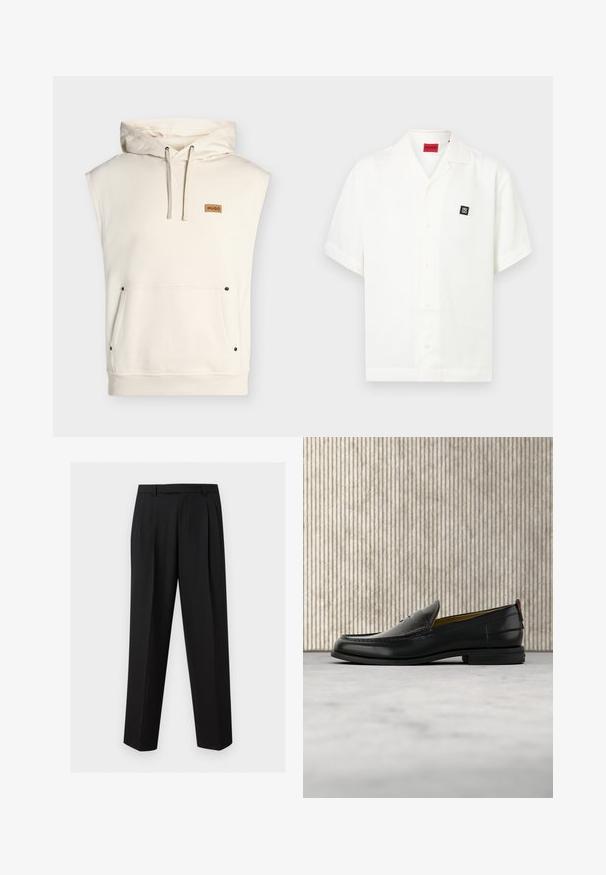 Sweat à capuche sans manches couleur crème avec poche kangourou à l'avant, capuche à cordon, ourlet côtelé et petit écusson marron marqué "HUGO" sur la poitrine.; Chemise blanche à manches courtes avec col ouvert, écusson carré noir avec logo sur la poitrine et étiquette de marque rouge à l'intérieur du col.; Pantalon noir sur mesure avec jambes droites, plis à la taille, passants de ceinture et poches latérales fendues, présenté sur un fond uni.; Mocassin pour homme en cuir noir avec un dessus embossé effet croco et un petit talon, présenté de profil sur un fond neutre.