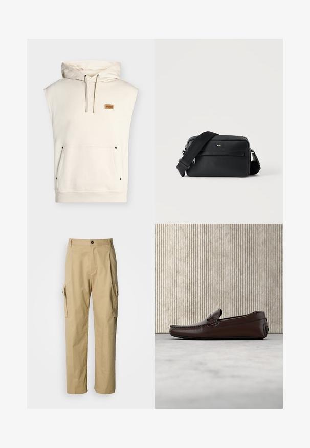 Sweat à capuche sans manches couleur crème avec poche kangourou à l'avant, capuche à cordon, ourlet côtelé et petit écusson marron marqué "HUGO" sur la poitrine.; Pantalon cargo beige en tissu résistant, avec une coupe décontractée, des poches latérales et une fermeture par bouton à la taille.; Mocassins en cuir marron avec une finition lisse, des coutures de style mocassin, un bout rehaussé et une semelle en caoutchouc basse et flexible.; Sac bandoulière en cuir noir texturé avec poche avant zippée et bandoulière large en tissu réglable sur fond blanc.