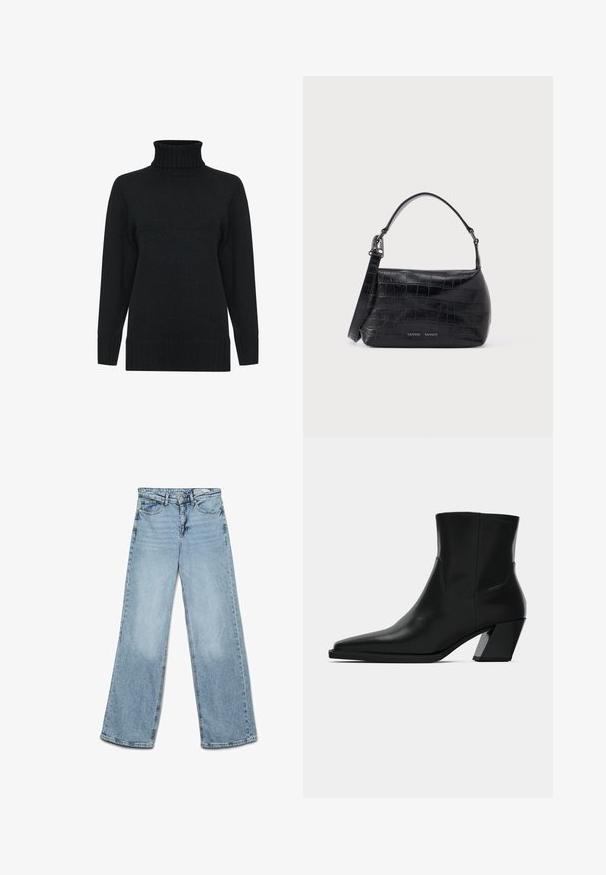Sort turtleneck sweater lavet af strukturstrikket stof, med lange ærmer og ribbet manchetter og kant. Enkel, klassisk design.; Lyseblå højtaljede jeans med vide ben, knap- og lynlås-lukning, for- og baglommer samt bæltestropper.; Sortlæder ankelstøvle med spids tå, en slank silhuet og en kraftig firkantet hæl. Glat tekstur med minimale stikninger.; Sort skuldertaske i krokodillepræget læder med øverste håndtag og logo trykt på forsiden.