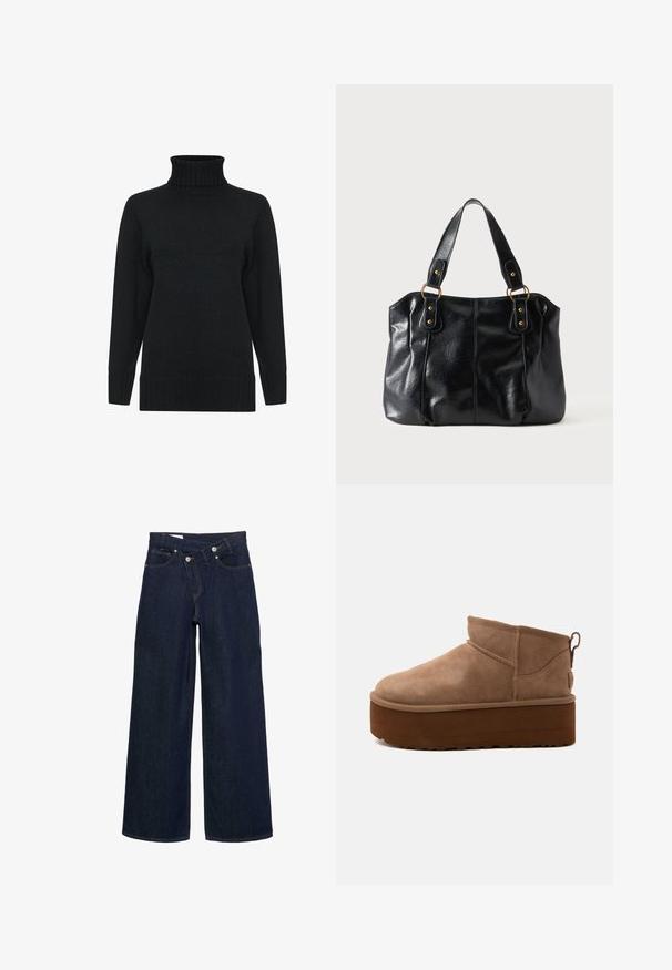 Pull à col roulé noir en maille texturée, doté de manches longues et de finitions côtelées aux poignets et à l'ourlet. Design simple et classique.; Jean en denim bleu foncé à jambes larges, taille haute et fermeture à boutons, avec poches avant et arrière et coutures brunes.; Bottine marron en daim de hauteur moyenne, style slip-on, avec une semelle épaisse compensée et un onglet à l’arrière sur fond clair.; Sac à épaule en cuir noir avec double anses attachées par des anneaux et rivets dorés, surface lisse et légèrement brillante, design simple.