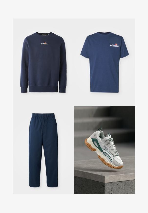 Sweatshirt bleu marine fabriqué en tissu doux, avec un col rond et des poignets côtelés. Logo "ellesse" brodé avec des accentuations colorées.; T-shirt en coton bleu marine à manches courtes, col rond et logo brodé blanc discret sur le côté gauche de la poitrine. Design simple et sans embellissement.; Pantalons bleu marine en tissu lisse, avec une taille élastique dotée d'un bouton, des jambes droites et sans motifs ni éléments apparents.; Baskets blanches et vertes avec une semelle épaisse marron flottant au-dessus d'une plateforme en béton avec des marches floues en arrière-plan.