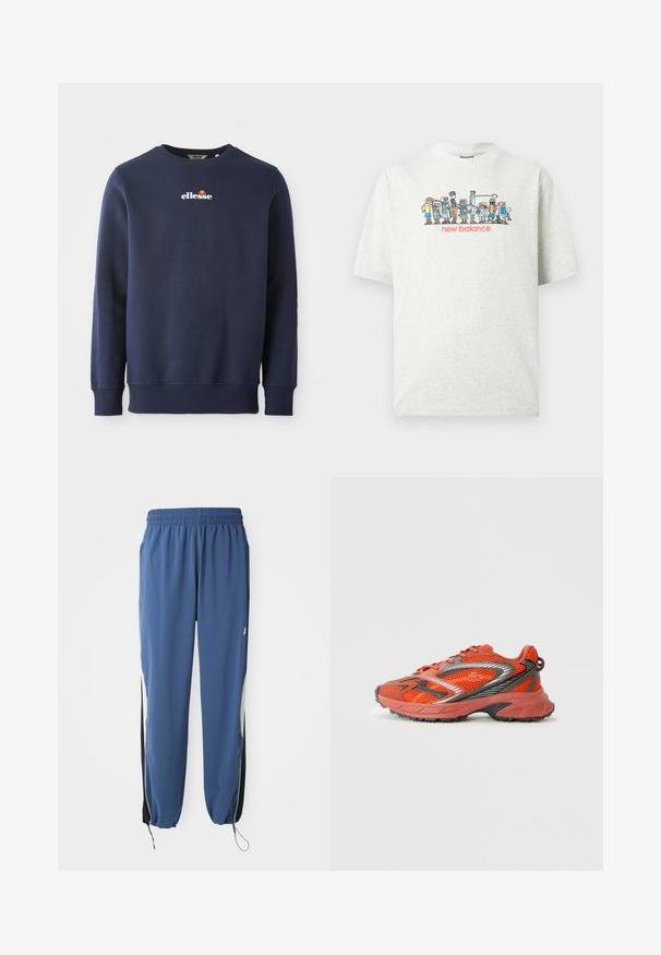 Dunkelblaues Sweatshirt aus einem weichen Material, mit Rundhalsausschnitt und gerippten Bündchen. Gesticktes "ellesse"-Logo mit farbigen Akzenten.; Hellgraues T-Shirt mit bunten Comic-Roboterfiguren, die Basketball spielen, über rotem "new balance"-Schriftzug.; Blaue Sporthose mit elastischem Bund, schmaler Passform und schwarzen Seitenpanelen. Mit Kordelzug an den Bündchen und Logo-Emblem.; Roter und brauner Sportschuh mit Mesh-Gewebe, schwarzen Akzenten und einer Gummisohle. Verfügt über eine abgerundete Zehenpartie und kontrastierende Schnürsenkel.