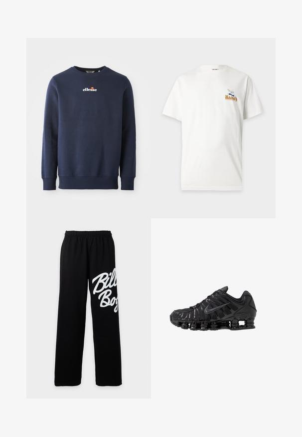 Navyblauwe sweatshirt gemaakt van een zachte stof, met een ronde hals en geribbelde manchetten. Geborduurd "ellesse" logo met gekleurde accenten.; Wit T-shirt met korte mouwen met een kleine afbeelding van een chef-kok die pizza vasthoudt en de tekst "Marco's" op de linkerborst.; Zwarte sweatpants met elastische taille, brede pijpen en grote witte "Billabong" tekst op de rechterdij.; Zwarte sportschoenen gemaakt van mesh en synthetische materialen, met een opvallend golvend ontwerp, zwarte rubberen zool en reflecterende accenten.