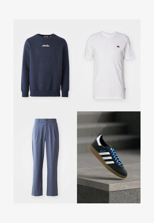 Marineblå sweatshirt lavet af et blødt stof, med rund hals og ribbede manchetter. Brolagt "ellesse"-logo med farvede akcenter.; Enkelt hvid t-shirt med korte ærmer med et lille rødt og orange halvcirkel-logo på øverste venstre brystområde.; Mørkeblå bukser med læg, lige snit, lavet af letvægtsstof, med en enkelt frontknaplukning og bæltestropper.; Sort Adidas sneaker med hvide striber, blå snørebånd og gummisål, der svæver over gråt betontrin i blødt lys.