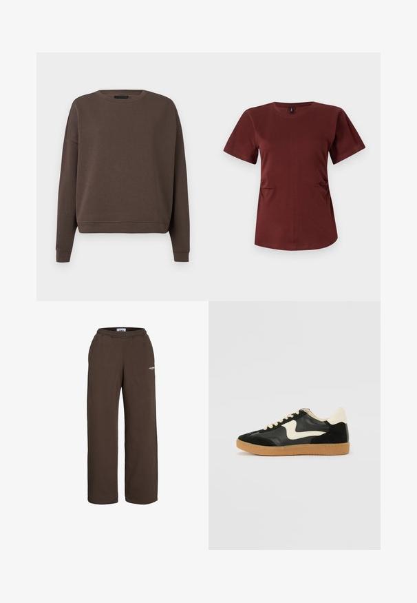 Bruine sweatshirt met een ronde hals, lange mouwen en geribbelde manchetten. Gemaakt van zachte stof met een gladde textuur en een ontspannen pasvorm.; Bordeaux t-shirt met korte mouwen, gemaakt van zachte katoen. Heeft een ronde halslijn en subtiele zijgathering voor extra vorm. Gladde textuur.; Bruine sweatpants met wijde pijpen, elastische tailleband en een klein wit tekstlogo op het bovenbeen, tegen een witte achtergrond.; Zwarte suède en leren sneaker met een crèmekleurige zij-swoosh en lichte crèmekleurige hiel. Voorzien van beige veters en een gumrubberen zool.