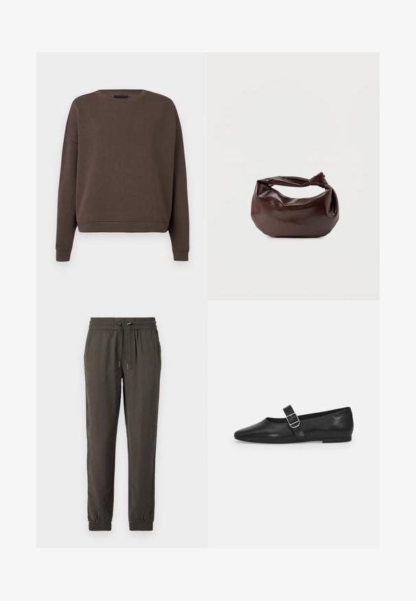 Bruine sweatshirt met een ronde hals, lange mouwen en geribbelde manchetten. Gemaakt van zachte stof met een gladde textuur en een ontspannen pasvorm.; Donkergroene joggingbroek van lichtgewicht stof, met een elastische tailleband met een trekkoord en elastische boorden bij de enkels.; Zwarte leren platte schoen met een ronde neus, een enkele verstelbare gespsluiting en een gladde, glanzende textuur. Minimalistisch ontwerp met een lage hak.; Donkerbruine leren schoudertas met een zachte, slungelige vorm en een gedraaide knoopvormige handgreep op een effen witte achtergrond.