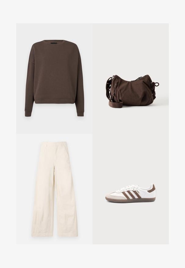 Brun sweatshirt med rund halsudskæring, lange ærmer og ribbede manchetter. Fremstillet af blødt stof med en glat tekstur og en afslappet pasform.; Bredde bukser i beige bomuldsstof med forlommer og en glat tekstur. Ingen synlige udsmykninger eller mønstre.; Hvid Adidas Samba sneaker med brune ruskindstriber, brun gummisål og beige ruskindståhætte, vist fra ydersiden på en ensfarvet baggrund.; Brun corduroy skuldertaske med justerbar rem, lynlåslukning og sider med snøredetaljer på hvid baggrund.