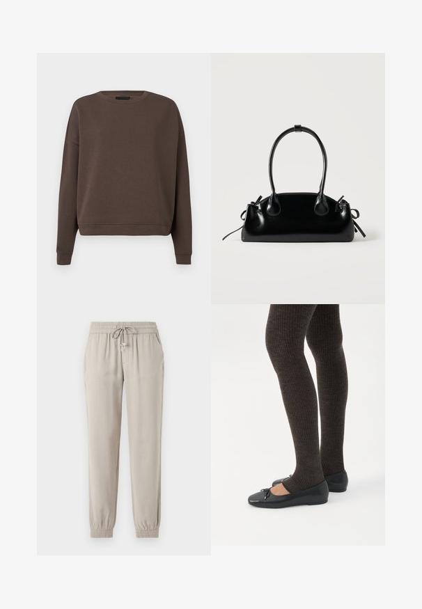 Brun sweatshirt med rund halsudskæring, lange ærmer og ribbede manchetter. Fremstillet af blødt stof med en glat tekstur og en afslappet pasform.; Lys beige jogger-bukser lavet af blødt stof, med en elastisk talje med snor, sidelommer og elastiske manchetter.; Ben iført mørke ribbede leggings kombineret med sorte balletsko med små sløjfedetaljer på hvid baggrund.; Lille sort blank håndtaske med to lange håndtag og snøre-detaljer i siden på en ensfarvet lys baggrund.