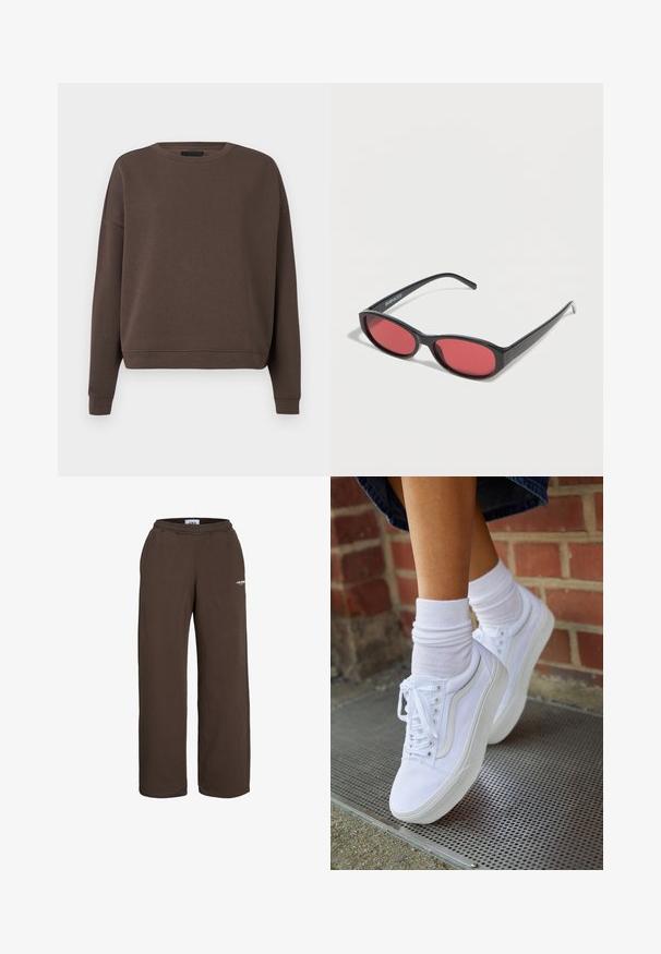 Brun sweatshirt med rund halsudskæring, lange ærmer og ribbede manchetter. Fremstillet af blødt stof med en glat tekstur og en afslappet pasform.; Brune vidde-buksede joggingbukser med elastisk talje og lille hvid tekstlogo på den øverste lår mod en hvid baggrund.; Hvide lærreds sneakers med gummisåler, der har seks snørehuller, rund tå og let sømdetaljer, krydret med hvide ankelstrømper.; Sorte ovale solbriller med tynde arme og rødtonede linser, der ligger på en hvid overflade.