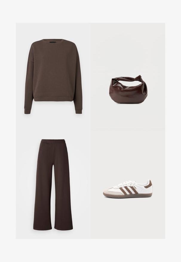Brauner Pullover mit Rundhalsausschnitt, langen Ärmeln und ribbed Bündchen. Aus weichem Stoff mit glatter Textur und lockerer Passform gefertigt.; Weit geschnittene Hosen in Dunkelbraun, aus weichem Stoff mit einem elastischen Bund und einem sauberen Saumabschluss, ideal für Komfort und lässige Trageweise.; Weißer Adidas Samba Sneaker mit braunen Wildlederstreifen, brauner Gummisohle und beiger Wildlederkappe, von der Außenseite auf schlichtem Hintergrund gezeigt.; Dunkelbraune Lederschultertasche mit weicher, lockerer Form und einem gedrehten Knotengriff vor schlichtem weißem Hintergrund.