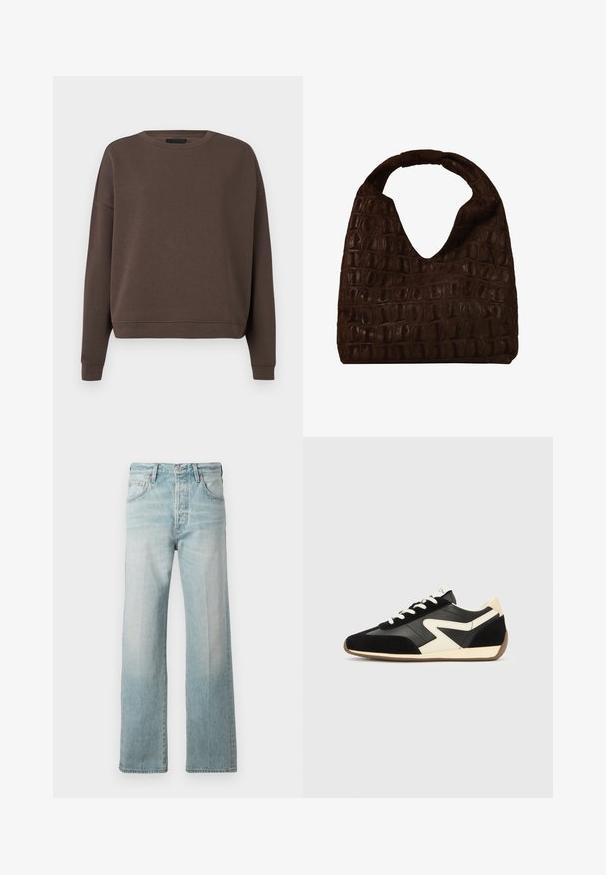 Brauner Pullover mit Rundhalsausschnitt, langen Ärmeln und ribbed Bündchen. Aus weichem Stoff mit glatter Textur und lockerer Passform gefertigt.; Hellblaue Denimjeans mit geradem Bein, hoher Taille, Eingrifftaschen und ausgewaschenem Look. Mit einem dezent gesteppten Bund fertiggestellt.; Schwarze und cremefarbene Sportschuhe mit einem Obermaterial aus Wildleder und Leder, Schnürverschluss und Gummisohle. Das Design umfasst kontrastierende Seitenakzente.; Dunkelbraune Leder-Hobo-Tasche mit geprägt Krokodilmuster und breitem, abgerundetem Griff, schlichtes und weiches, lässiges Design.