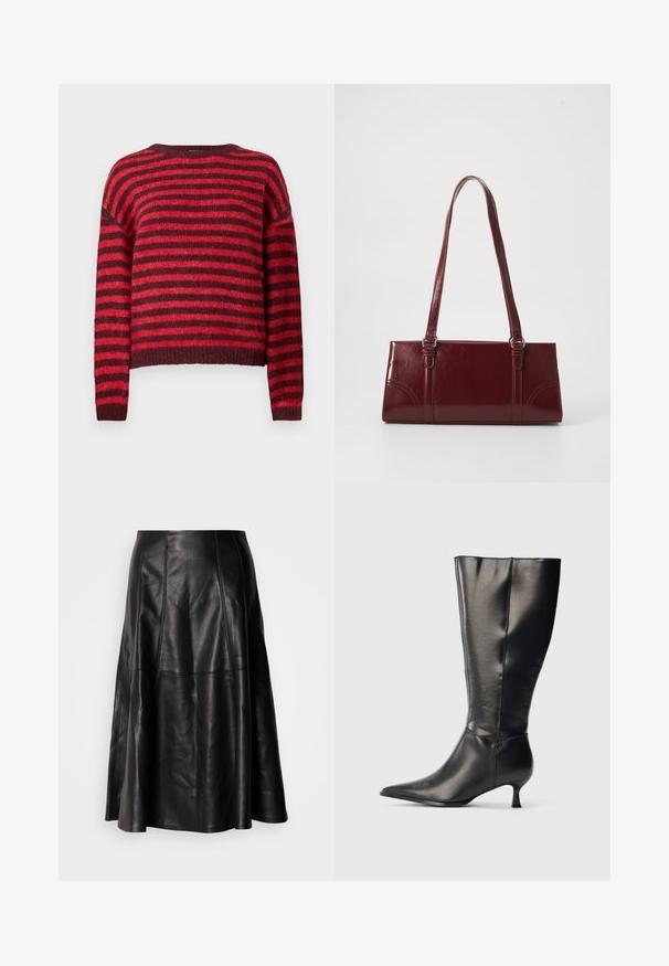 Suéter a rayas rojas y rojo oscuro, cuello redondo, mangas largas, textura suave, dobladillo acanalado, diseño corto.; Falda de cuero negro con una silueta acampanada, que presenta costuras visibles y una textura suave. Diseño de longitud media con un corte clásico.; Bota negra de cuero hasta la rodilla, con punta afilada y tacón bajo tipo kitten, mostrada sobre un fondo claro y sencillo.; Bolso burdeos hecho de material brillante, de forma rectangular, con dos asas para el hombro y sutiles acentos curvados en la parte frontal.