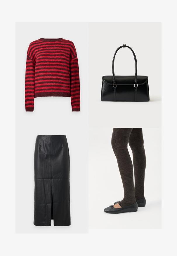 Suéter a rayas rojas y rojo oscuro, cuello redondo, mangas largas, textura suave, dobladillo acanalado, diseño corto.; Falda midi de cuero negro con una abertura frontal, textura suave, diseño ajustado y un sutil detalle de costura en la parte delantera.; Piernas con leggings oscuros acanalados combinados con bailarinas negras que presentan pequeños detalles de lazo sobre un fondo blanco.; Bolso rectangular de cuero negro con cierre de solapa y dos asas largas sobre un fondo blanco liso.