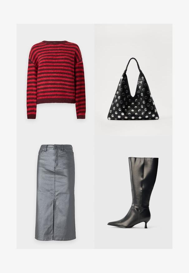Rød og mørkerød stribet sweater, rund halsudskæring, lange ærmer, blød tekstur, ribbet kant, cropped design.; Metalgrå denim-nederdel med en lige form, for-slids, fem-lomme design og knaplukning i taljen. Flade sømme er synlige.; Sort knæhøj læderstøvle med spids tå og lav kittenhæl, vist på en enkel lys baggrund.; Sort lædertaske med en trekantet form, udstyret med sølvfarvede metallic prikker og et tekstureret håndtag. Generelt glat finish.
