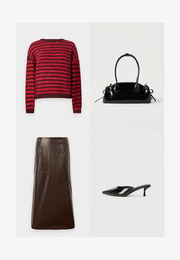Rød og mørkerød stribet sweater, rund halsudskæring, lange ærmer, blød tekstur, ribbet kant, cropped design.; Brun lædernederdel med en glat overflade, lige silhuet og subtil glans. Har en knælængde og minimale syninger.; Sorte patenterede lædermules med spids tå, lav kittenheel og buede sider, der har en glansfuld finish og minimalistisk design.; Lille sort blank håndtaske med to lange håndtag og snøre-detaljer i siden på en ensfarvet lys baggrund.