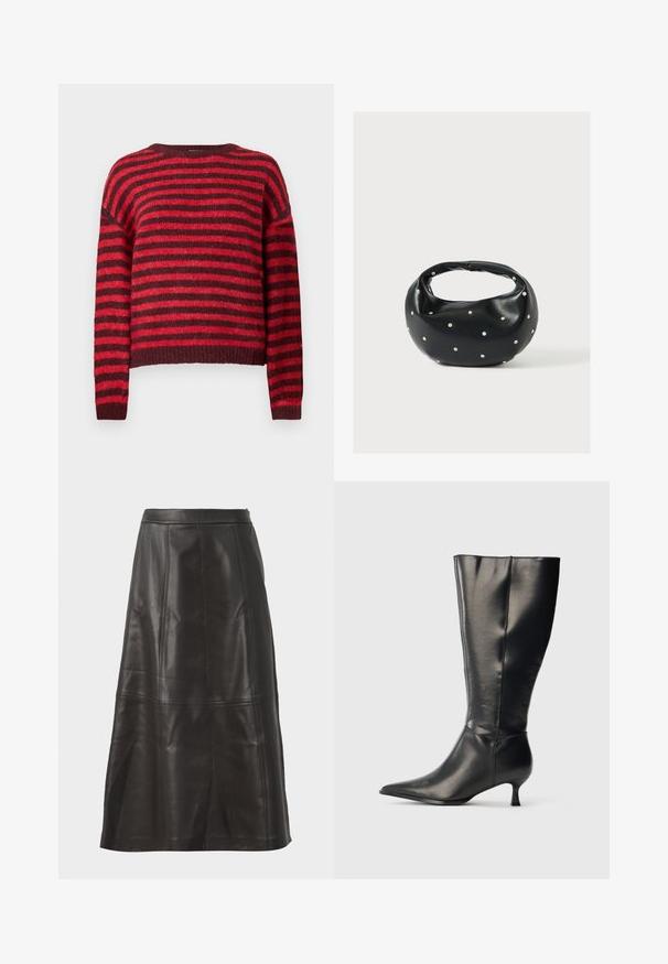 Rood en donkerrood gestreepte trui, ronde halslijn, lange mouwen, zachte textuur, geribbelde zoom, cropped ontwerp.; Zwarte leren midi-rok met een gladde textuur, voorzien van verticale naden en een recht silhouet. Geen zichtbare hardware of accenten.; Zwarte leren kniehoge laars met puntige neus en lage kittenhak, weergegeven op een effen lichte achtergrond.; Zwarte leren handtas met een afgeronde vorm, versierd met zilveren studs, en een korte handgreep. Gladde textuur en ritsluiting.