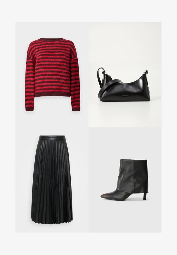 Rood en donkerrood gestreepte trui, ronde halslijn, lange mouwen, zachte textuur, geribbelde zoom, cropped ontwerp.; Zwarte geplooide rok van faux leather, met verticale plooien, een gladde tailleband en een vloerbedekkend ontwerp.; Zwarte enkellaars van glad leer met een puntige neus en een taps toelopende hak. Het bovenwerk heeft een licht geplooid ontwerp.; Zwarte leren handtas met een gladde textuur. Beschikt over een verstelbare schouderband en een strak, minimalistisch ontwerp met een ritssluiting.